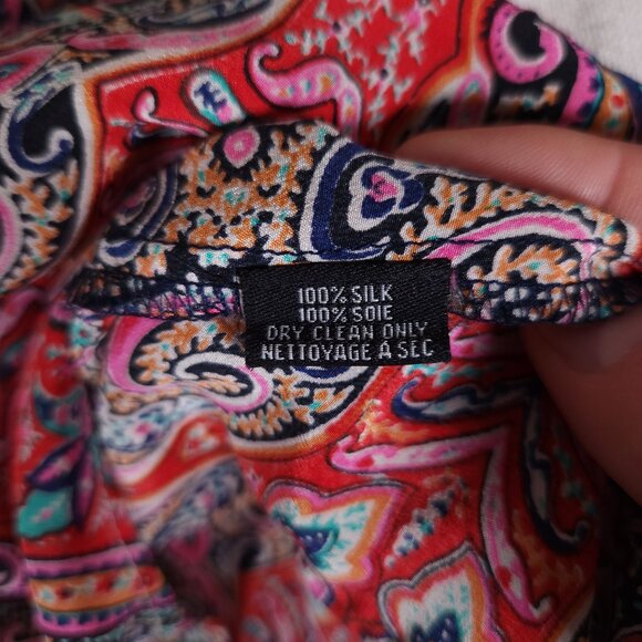 Tolani 100% Silk Button Tunic Womens Large Paisley Boho Roll Tab Sleeve FLAWS - Picture 14 of 16